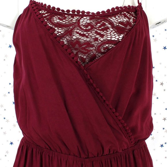 Surplice Lace Pompom Cami Romper Burgundy - Picture 3 of 8